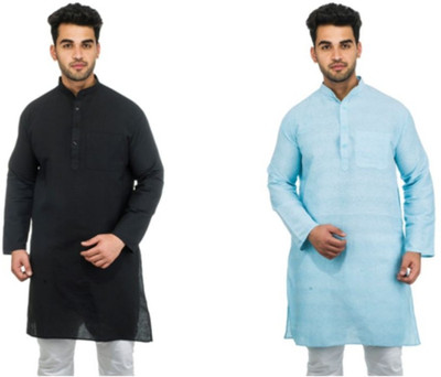 DESHBANDHU KHADI Men Solid Straight Kurta(Light Blue)