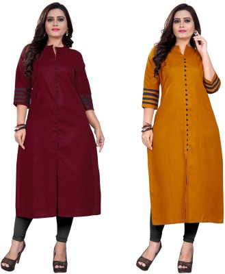 amar tex Women Solid Frontslit Kurta(Maroon, Yellow)