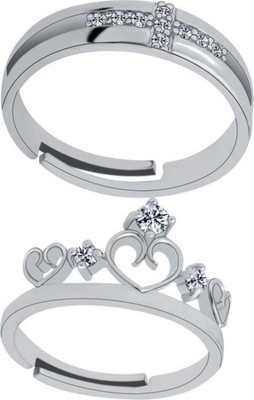 MEENAZ Stainless Steel Cubic Zirconia, Diamond Silver Plated Ring Set