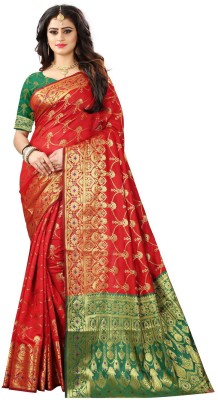 AVIYOM Self Design, Embellished Kanjivaram Cotton Blend, Art Silk Saree(Red)