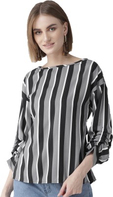 Style Quotient Casual Puff Sleeve Striped Women Black, Grey Top