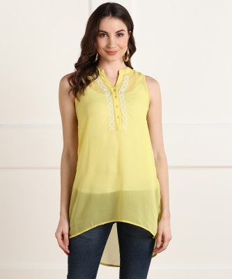 PEOPLE Casual Sleeveless Embroidered Women Yellow Top
