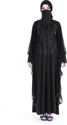 Sofias The Finest Name in Abayas - Export Quality Designer Abaya/Burkha, Farasha Fabric, 54"(FLY-001-SL58) Lycra Blend Solid Abaya With Hijab(Black)