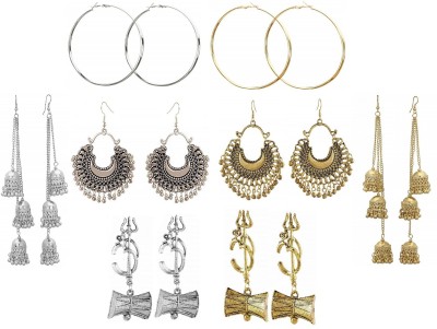 URBANELA Combo of 8 Afghani Earrings Bohemian Style Party Wear Oxidized Silver Tribal Collection Chandbali and Dangler Earrings German Silver Chandbali Earring