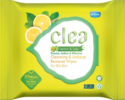 Clea Cleansing & Makeup Remover Wipes (Lemon & Tulsi) (25 Wipes per pack)(Big Wipe does job of Two)(3 Tissues)