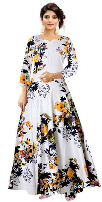 Trendy Fab Anarkali Gown(White, Yellow)