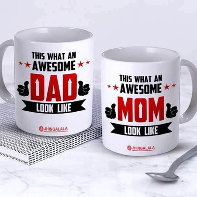 Jhingalala This What an Awesome Dad Look Like and This What an Awesome Mom Look Like Printed Ceramic Coffee Mug(350 ml, Pack of 2)