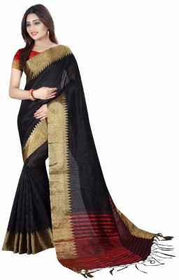 Kanooda Prints Woven Daily Wear Cotton Silk Saree(Black)