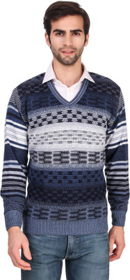 BRAVEZI Woven V Neck Casual Men Blue, White Sweater