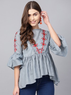 Bhama COUTURE Casual 3/4 Sleeve Embroidered Women Blue Top