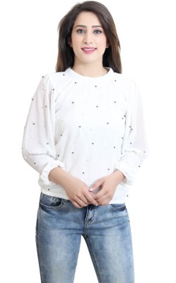 CRAZEVILLA Party Balloon Sleeve Embellished Women White Top