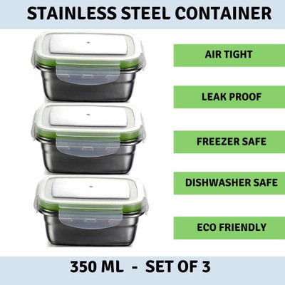 Femora High Steel Rectangle Lunch Box Container With Airtight Lid 350ml, Set of 3 Containers Lunch Box(350 ml, Thermoware)