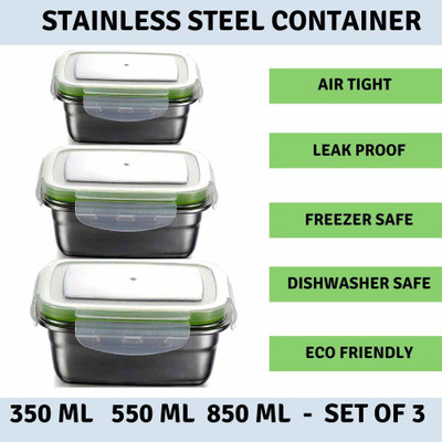 Femora High Steel Storage Rectangle Container 350ml, 550ml, 850ml with Lock Lid Set of 3 Containers Lunch Box(850 ml)