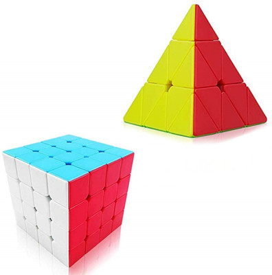 Dul Dul Cube Combo of Triangle Pyramid Cube/4x4x4 stickerless High Speed Magic Cube(2 Pieces)