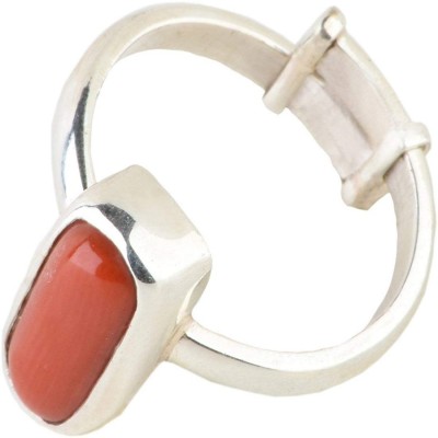 SHYAMKRIPA GEMS 5.25 CARAT Unheated Untreatet A+ Quality Natural Red Coral Moonga Silver Adjustable Gemstone Ring for Women's and Men Silver Coral Silver Plated Ring