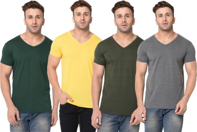 Jangoboy Self Design, Solid Men V Neck Dark Green, Grey, Yellow T-Shirt