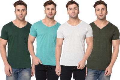 Jangoboy Self Design, Solid Men V Neck Dark Green, Light Blue, White T-Shirt