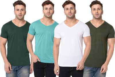 Jangoboy Solid Men V Neck Dark Green, Light Blue, White T-Shirt
