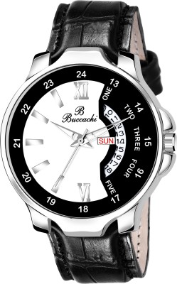 Buccachi White & Black Dial Day & Date Functioning Water Resistant Black Color Synthetic Leather Strap Watch for Men/Boy's Analog Watch  - For Men