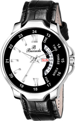 Buccachi White & Black Dial Day & Date Functioning Water Resistant Black Color Synthetic Leather Strap Watch for Men/Boy