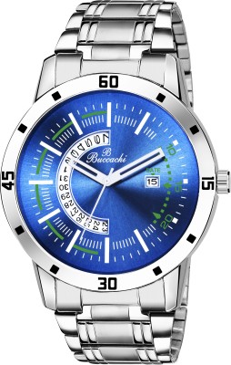 Buccachi Blue Dial Date Functioning Water Resistant Stainless Steel Silver Color Strap Bracelet Watch for Men/Boys Analog Watch  - For Men