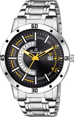 Buccachi Black Dial Date Functioning Water Resistant Stainless Steel Silver Color Strap Bracelet Watch for Men/Boys Analog Watch - For Men