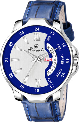 Buccachi Silver & Blue Dial Day & Date Functioning Water Resistant Blue Color Synthetic Leather Strap Watch for Men/Boy's Analog Watch  - For Men