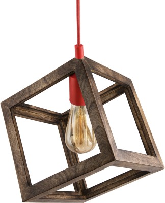 Homesake Modern Antique Wooden Pendant Cube Light, with Red Silicon Holder, Restaurant Dining Kitchen Hanging Light with Fixture, LED/Filament Pendants Ceiling Lamp(Brown)