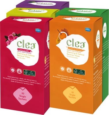 Clea Makeup & Refreshing Wipes Combo (Rose-Milk,Haldi-Chandan,Lemon-Tulsi,Khus-Eucalyptus,Lemongrass-Lavender (10N Single Wipes in each variant) (Total 50 pcs)(50 Tissues)