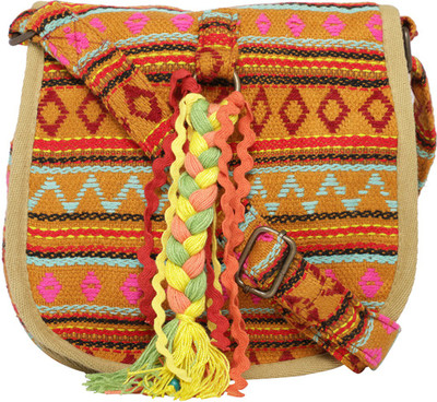 The House of Tara Multicolor, Beige Sling Bag Handloom Fabric Embellished Sling Bag