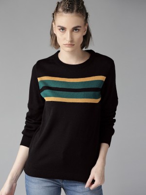 Roadster Striped Round Neck Casual Women Black Sweater