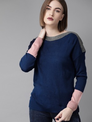 Roadster Solid Round Neck Casual Women Blue Sweater