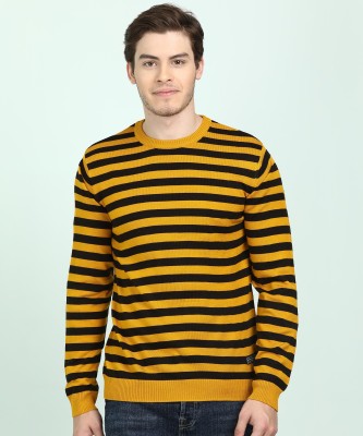 PETER ENGLAND Woven Round Neck Casual Men Yellow, Black Sweater