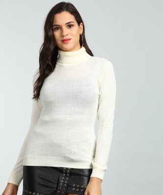 Tokyo Talkies Woven Turtle Neck Casual Women Beige Sweater