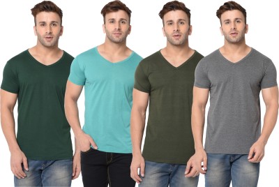 Jangoboy Self Design, Solid Men V Neck Dark Green, Light Blue, Grey T-Shirt