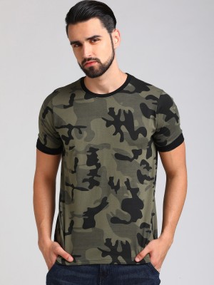 LEWEL Printed Men Round Neck Dark Green, Black, Grey T-Shirt