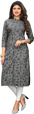 Vbuyz Women Printed Straight Kurta(Grey)
