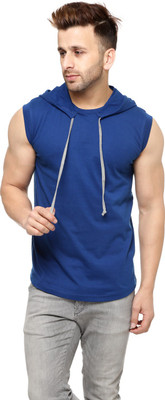 Fascista Solid Men Hooded Blue T-Shirt