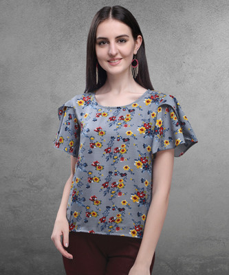 Oomph! Casual Butterfly Sleeve Printed Women Grey Top