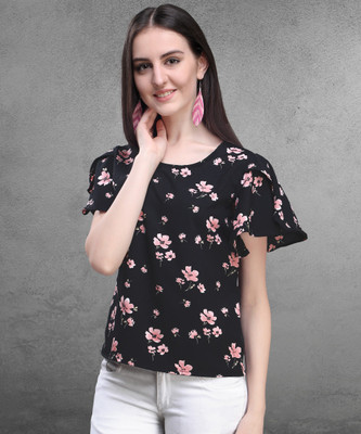 Oomph! Casual Butterfly Sleeve Floral Print Women Multicolor Top