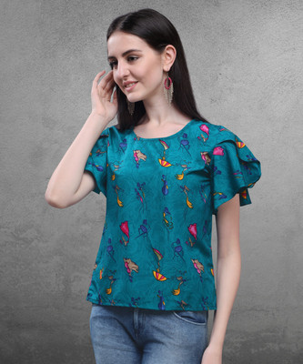 Oomph! Party Butterfly Sleeve Printed Women Blue Top