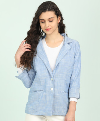 AND Self Design Single Breasted Casual Women Blazer(Light Blue)