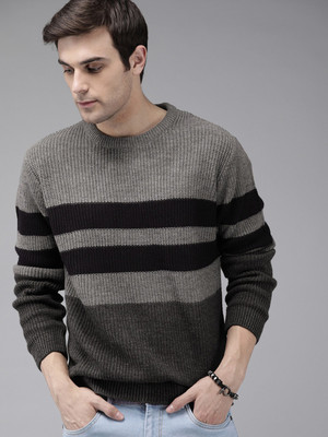 Roadster Woven Round Neck Casual Men Grey Sweater