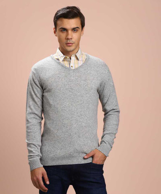 Jubination Self Design V Neck Casual Men Grey Sweater