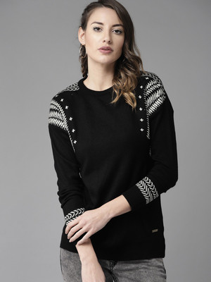 Roadster Solid Round Neck Casual Women Black Sweater
