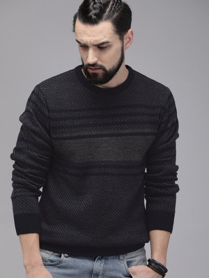 Roadster Woven Round Neck Casual Men Black Sweater