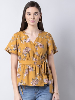FABALLEY Casual Half Sleeve Floral Print Women Yellow Top