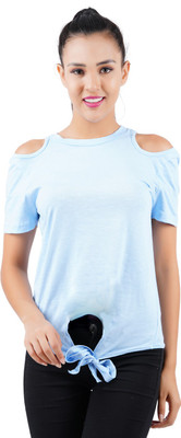 HOTFITS Casual Cold Shoulder Solid Women Blue Top