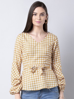 FABALLEY Casual Full Sleeve Checkered Women Yellow Top