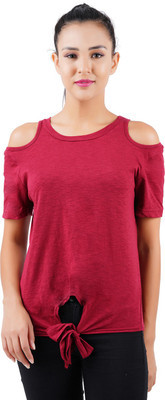HOTFITS Casual Cold Shoulder Solid Women Maroon Top